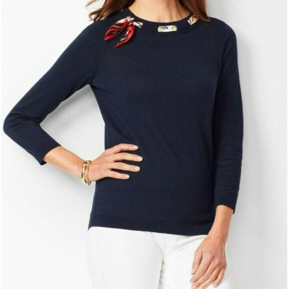 Talbot‎ Navy Knit Sweater top With Red/Blue Scarf neck tie Size Large - Picture 2 of 9